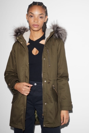 C&A Clockhouse Parka With Hood And Faux Fur Trim Winter Jacke Damen Dunkelgrün | YLOVG-3986