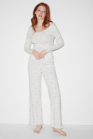 C&A Clockhouse Pyjama Floral Nachtwäsche Damen Weiß | PNWDB-3097