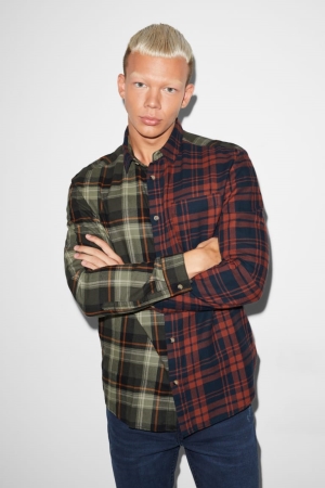 C&A Clockhouse Regular Fit Kent Collar Check Hemd Herren Braun Dunkelgrün | LXMAH-0893