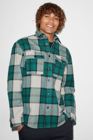 C&A Clockhouse Relaxed Fit Kent Collar Check Hemd Herren Dunkelgrün Weiß | BFXED-0583