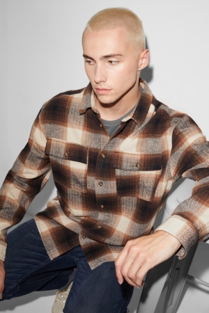 C&A Clockhouse Relaxed Fit Kent Collar Check Hemd Herren Braun | METDB-7185
