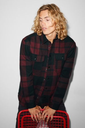 C&A Clockhouse Relaxed Fit Kent Collar Check Hemd Herren Rot Schwarz | QSWNC-9241