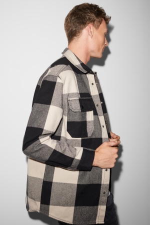C&A Clockhouse Relaxed Fit Kent Collar Check Hemd Herren Schwarz Beige | TGUQW-0289