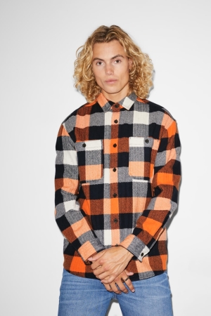 C&A Clockhouse Relaxed Fit Kent Collar Check Hemd Herren Orange Dunkelblau | ZRJOG-1072