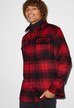 C&A Clockhouse Relaxed Fit Kent Collar Recycled Check Hemd Herren Rot Schwarz | IZOYF-5923