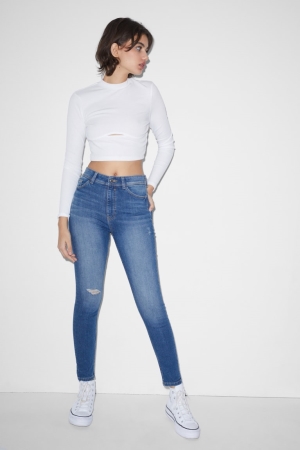 C&A Clockhouse Schlank High Taille Jeans Damen Blau | YWXVA-8369
