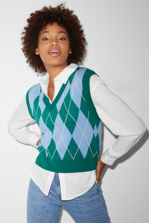 C&A Clockhouse Slipover Check Hoodie Damen Grün | KZYAP-2803