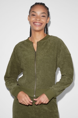 C&A Clockhouse Terry Cloth Zip-through Sweatshirts Damen Khaki | JAEUG-2639