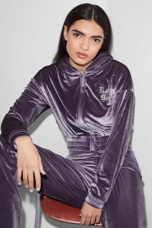 C&A Clockhouse Velvet Cropped Hoodie Damen Lila | PIMZR-3709
