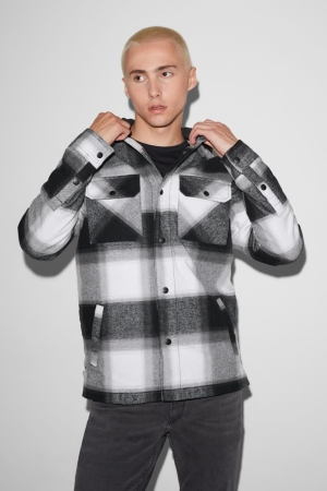 C&A Clockhouse With Hood 2-in-1 Look Check Jacke Herren Schwarz Weiß | WYIZG-8524