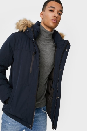 C&A Clockhouse With Hood And Faux Fur Trim Jacke Herren Dunkelblau | XVQMG-4735