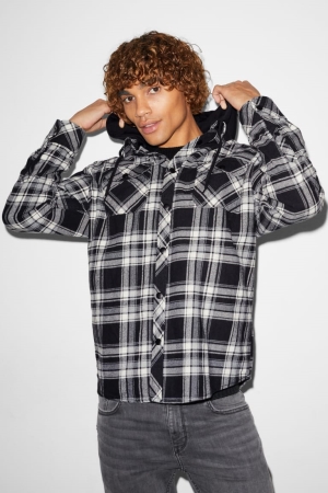 C&A Clockhouse With Hood Check Jacke Herren Schwarz Weiß | BQAJY-8032