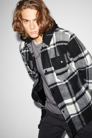 C&A Clockhouse With Hood Check Jacke Herren Schwarz Weiß | KBCML-1527