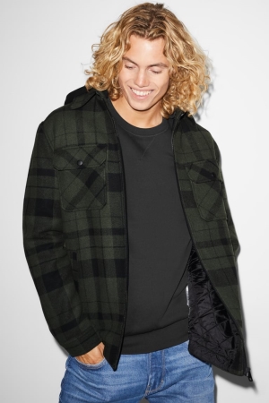 C&A Clockhouse With Hood Check Jacke Herren Dunkelgrün Schwarz | ODCER-2590