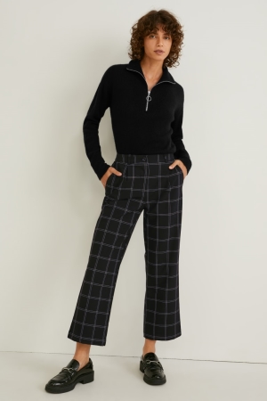C&A Cloth Mid-rise Taille Weite Leg Check Hosen Damen Schwarz | ZPGKF-9683