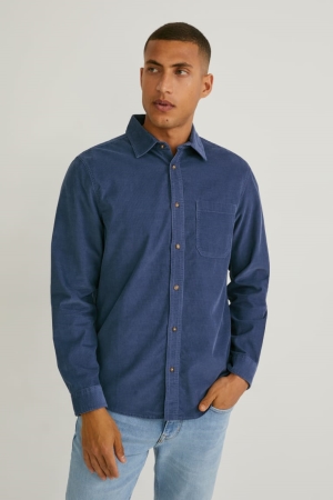 C&A Corduroy Regular Fit Klassische Collar Hemd Herren Blau | ELDJP-1853