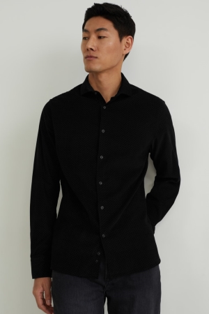 C&A Corduroy Slim Fit Cutaway Collar Hemd Herren Schwarz | HDSIA-1703