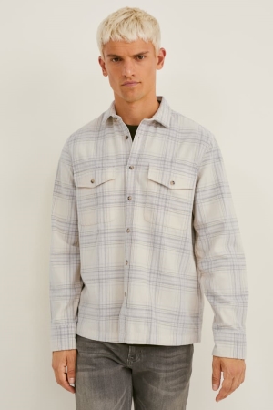 C&A Corduroy Slim Fit Kent Collar Check Hemd Herren Weiß Grau | BHNIF-8025