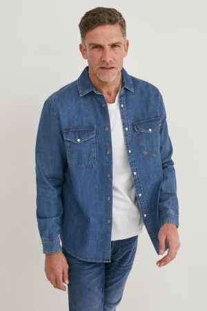 C&A Denim Regular Fit Kent Collar Recycled Hemd Herren Blau Dunkelblau | DWBLJ-7180