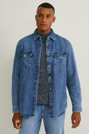 C&A Denim Regular Fit Kent Collar Recycled Hemd Herren Blau | LRBUV-5921