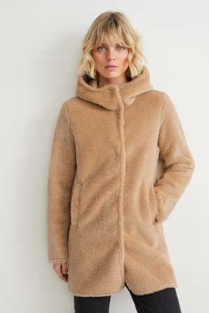 C&A Faux Fur With Hood Mäntel Damen Hellbraun | DJRBU-9573
