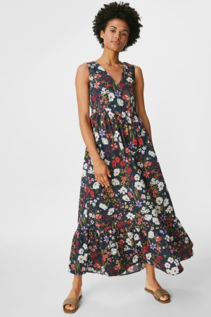 C&A Fit & Flare Floral Kleider Damen Dunkelblau | MNOFJ-3791