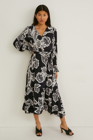 C&A Fit & Flare Lenzing™ Ecovero™ Floral Kleider Damen Schwarz Weiß | QGOJI-4051