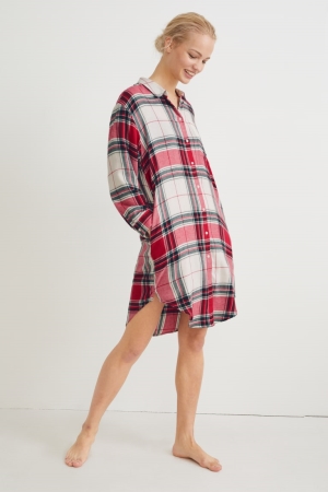 C&A Flannel NightCheck Nachtwäsche Damen Weiß Rot | BIAZL-0932