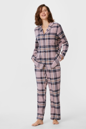C&A Flannel Pyjamas Check Nachtwäsche Damen Dunkelrosa | KFACD-1407