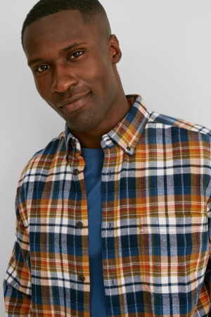 C&A Flannel Regular Fit Button-down Collar Check Hemd Herren Orange Dunkelblau | EWKLC-3489