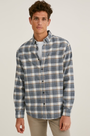 C&A Flannel Regular Fit Button-down Collar Check Hemd Herren Weiß Grau | URDEX-1539