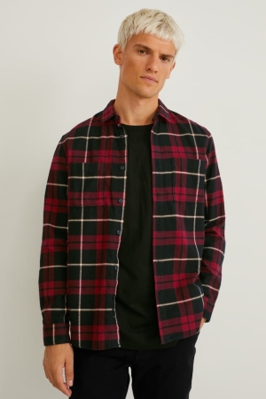C&A Flannel Regular Fit Kent Collar Check Hemd Herren Rot Schwarz | EZKJF-2517