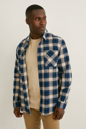 C&A Flannel Regular Fit Kent Collar Check Hemd Herren Blau Beige | GTQEC-7945