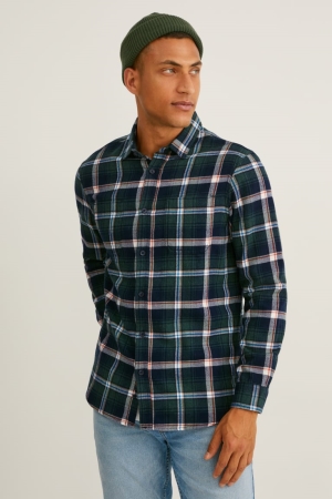 C&A Flannel Regular Fit Kent Collar Check Hemd Herren Dunkelgrün Weiß | KUZNR-9482