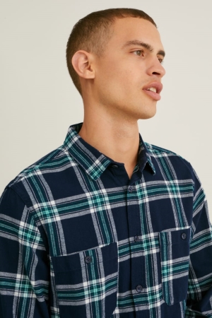 C&A Flannel Regular Fit Kent Collar Check Hemd Herren Dunkelblau Grau | LXYJO-5137