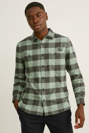 C&A Flannel Regular Fit Kent Collar Check Hemd Herren Dunkelgrün Schwarz | NGSDX-6210