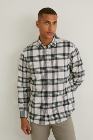 C&A Flannel Regular Fit Kent Collar Check Hemd Herren Braun Weiß | PWFAT-3756