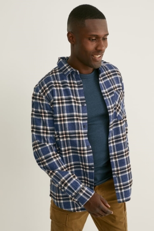 C&A Flannel Regular Fit Kent Collar Check Hemd Herren Dunkelblau Weiß | RILGU-4736