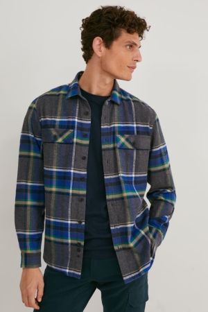 C&A Flannel Regular Fit Kent Collar Check Hemd Herren Grau | TQFOS-3547