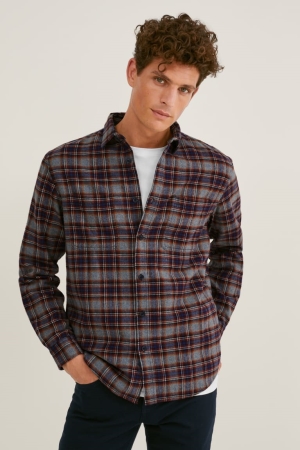 C&A Flannel Regular Fit Kent Collar Check Hemd Herren Grau Dunkelrot | VMGJR-4510