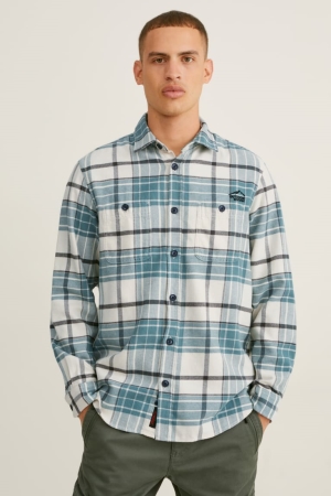 C&A Flannel Regular Fit Kent Collar Check Hemd Herren Grün Weiß | WXOUC-4316
