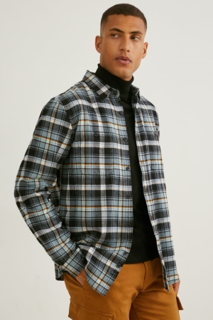 C&A Flannel Regular Fit Kent Collar Check Hemd Herren Dunkelgrün Grau | YPQAC-0158