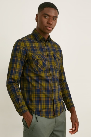 C&A Flannel Regular Fit Kent Collar Thermolite® Check Hemd Herren Dunkelgrün | UXSGC-3920