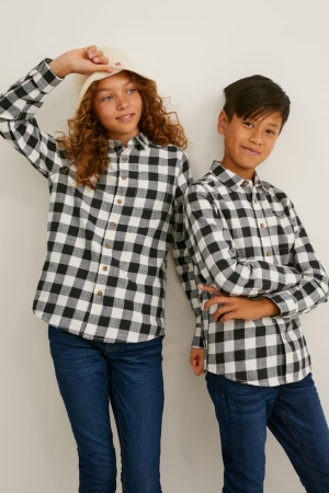 C&A Genderneutral Organic Baumwoll Check Hemd Jungen Schwarz Grau | JANWH-3865
