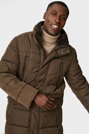 C&A Gesteppt With Hood And Faux Fur Trim Recycled Jacke Herren Dunkelbraun | ATGQK-3492
