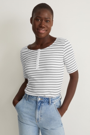 C&A Gestreift T-shirts Damen Weiß Schwarz | WFOPN-3160