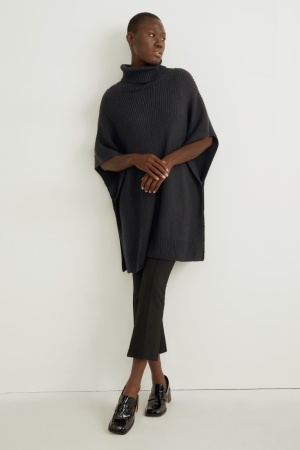 C&A Gestrickt Cashmere Blend Poncho Hoodie Damen Schwarz | UYKQE-0123