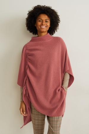 C&A Gestrickt Cashmere Blend Poncho Hoodie Damen Dunkelrosa | VHJLU-9802