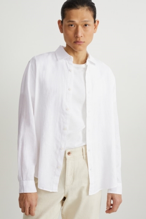 C&A Linen Regular Fit Cutaway Collar Hemd Herren Weiß | ANEPW-6825