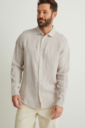 C&A Linen Regular Fit Kent Collar Linen Made From European Flax® Hemd Herren Beige | CWRFM-6897